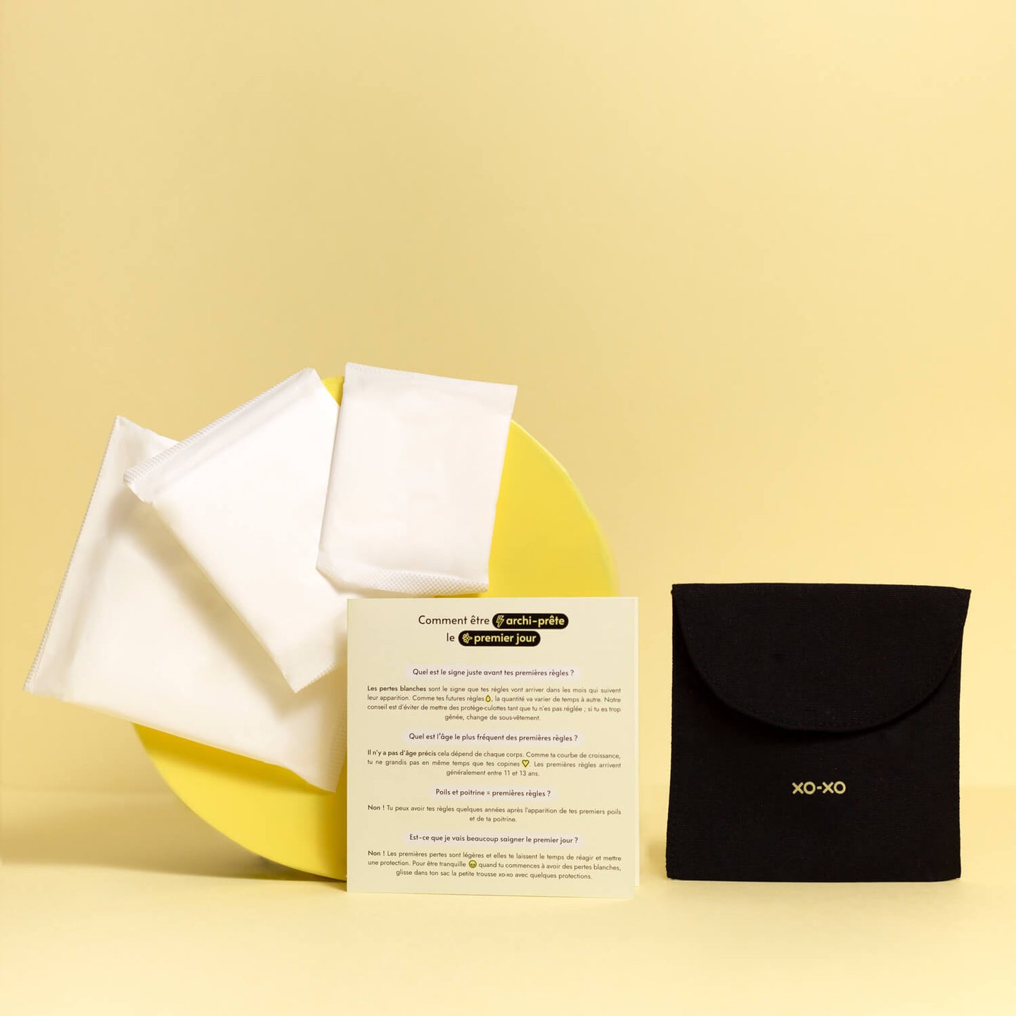 Serviettes hygiéniques en coton bio - pochette de rangement et guide du kit premières règles